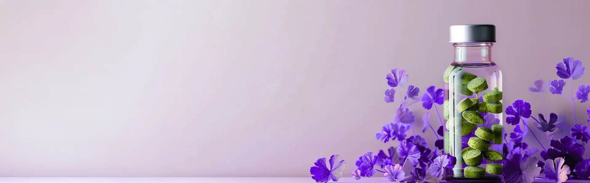 Arzneifläschchen vor violetten Heilpflanzen